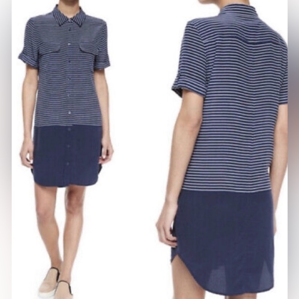 Equipment 100% Silk Signature Navy Blue Striped Button Shirt Dress Tunic